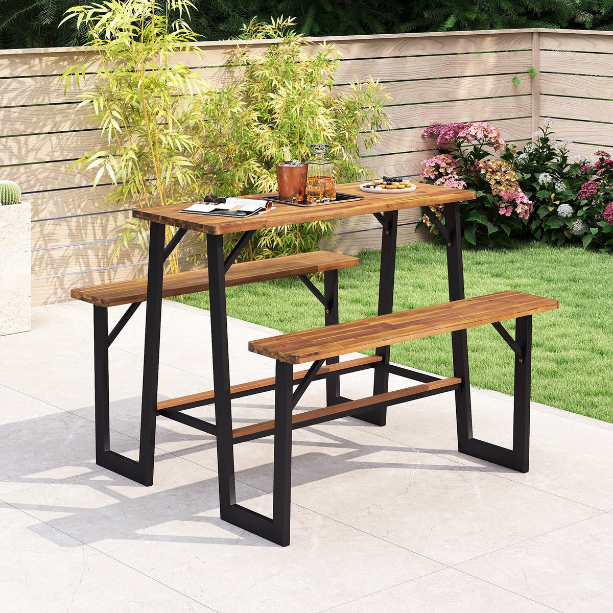 Patio Picnic Table Bench Set with Acacia Wood Tabletop and Benchtop