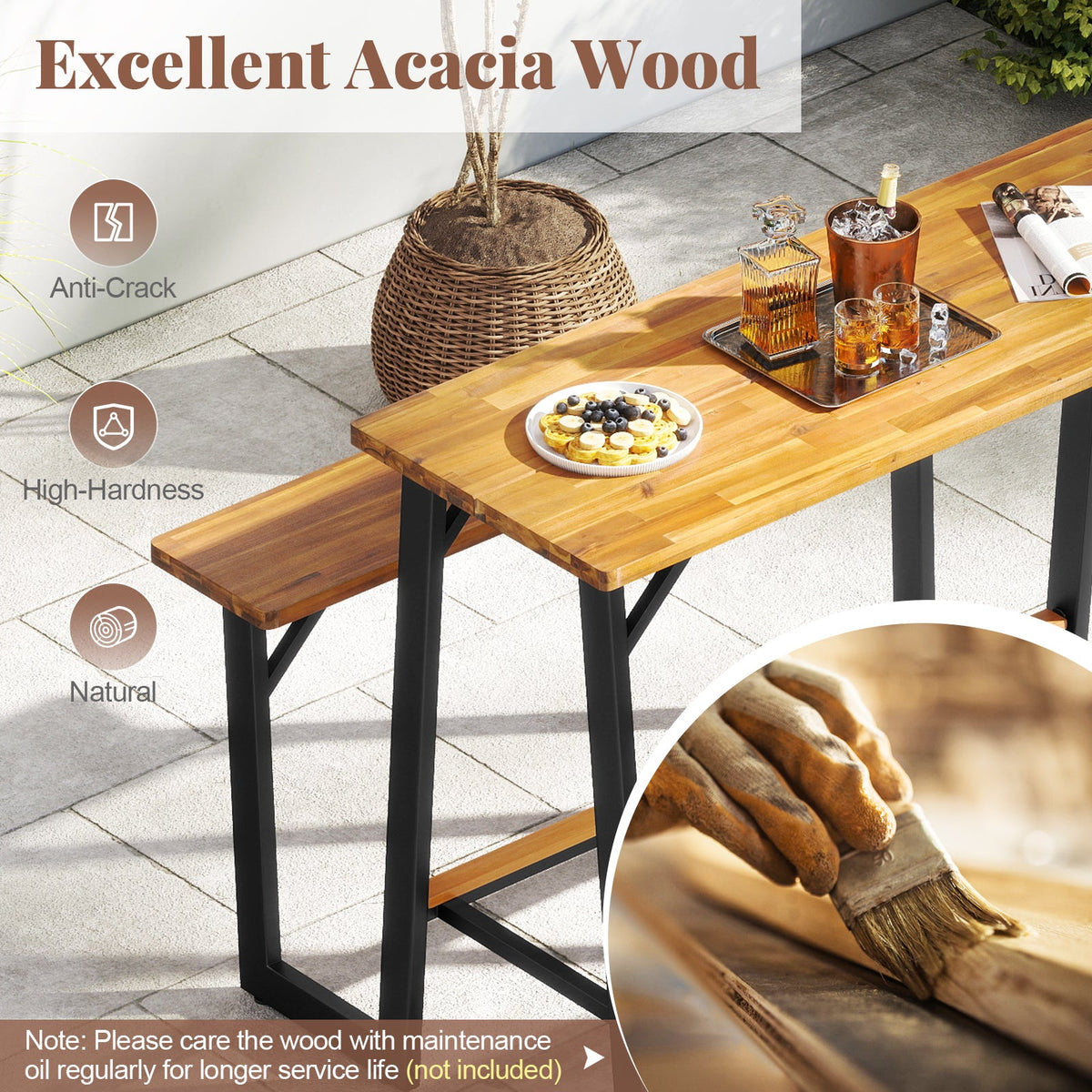 Patio Picnic Table Bench Set with Acacia Wood Tabletop and Benchtop