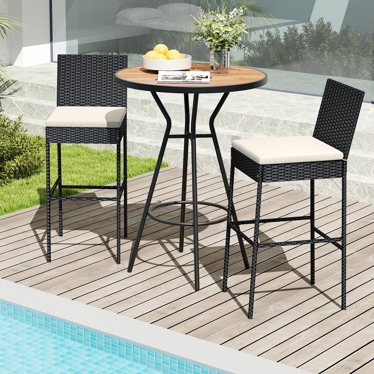 Patio Wicker Barstools Set of 2 with Footrest and Backrest for Backyard DirectDeals