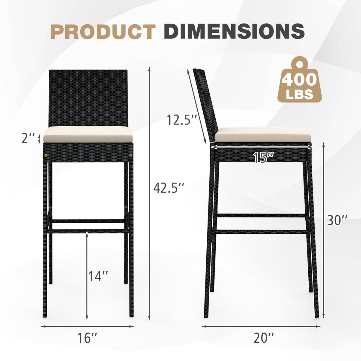 Patio Wicker Barstools Set of 2 with Footrest and Backrest for Backyard DirectDeals