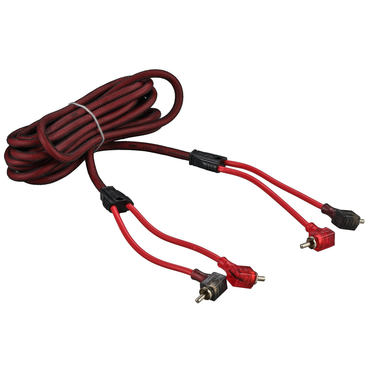 100% OFC Ultra Flex 2-Channel RCA with 90 Degree Ends, Dual Twist Wire, Red Braided Jacket - 12 ft