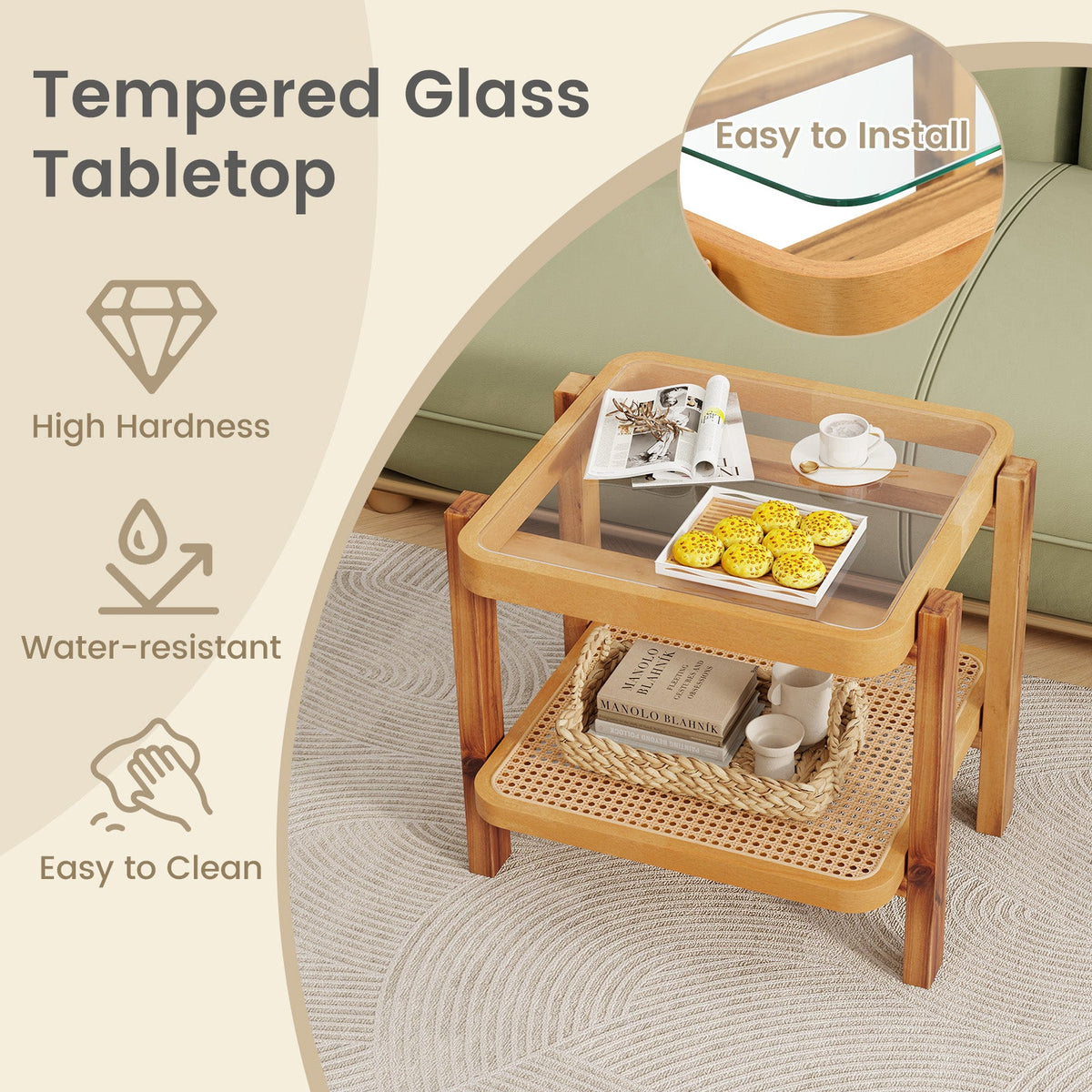 Rattan 2-Tier End Side Table with Tempered Glass Top Acacia Wood Legs-Brown