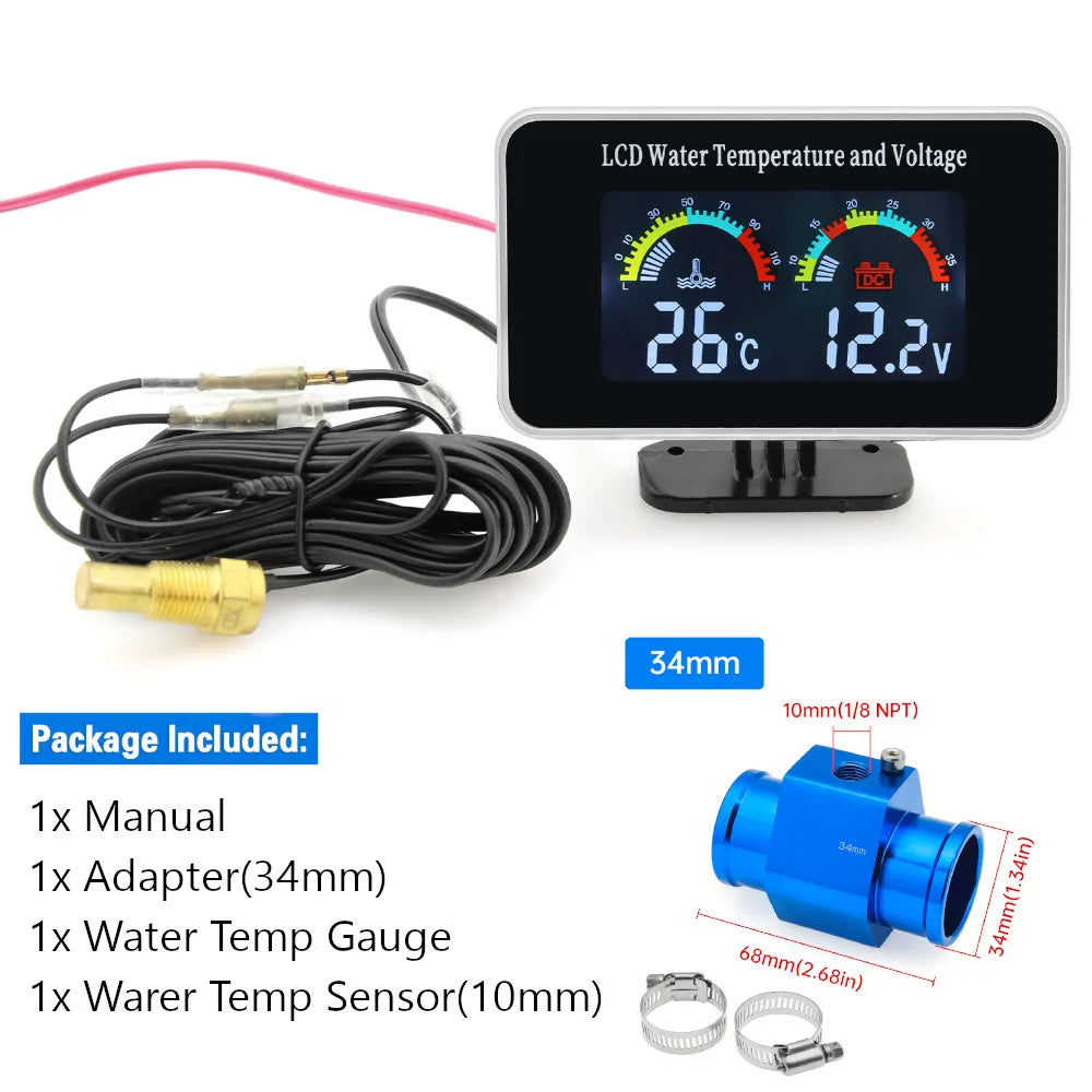 HD Car LCD Water Temperature Meter Thermometer Voltmeter Gauge | 2in1 Temp & Voltage Meter for 12V/24V Vehicles MyPetiteCar.com