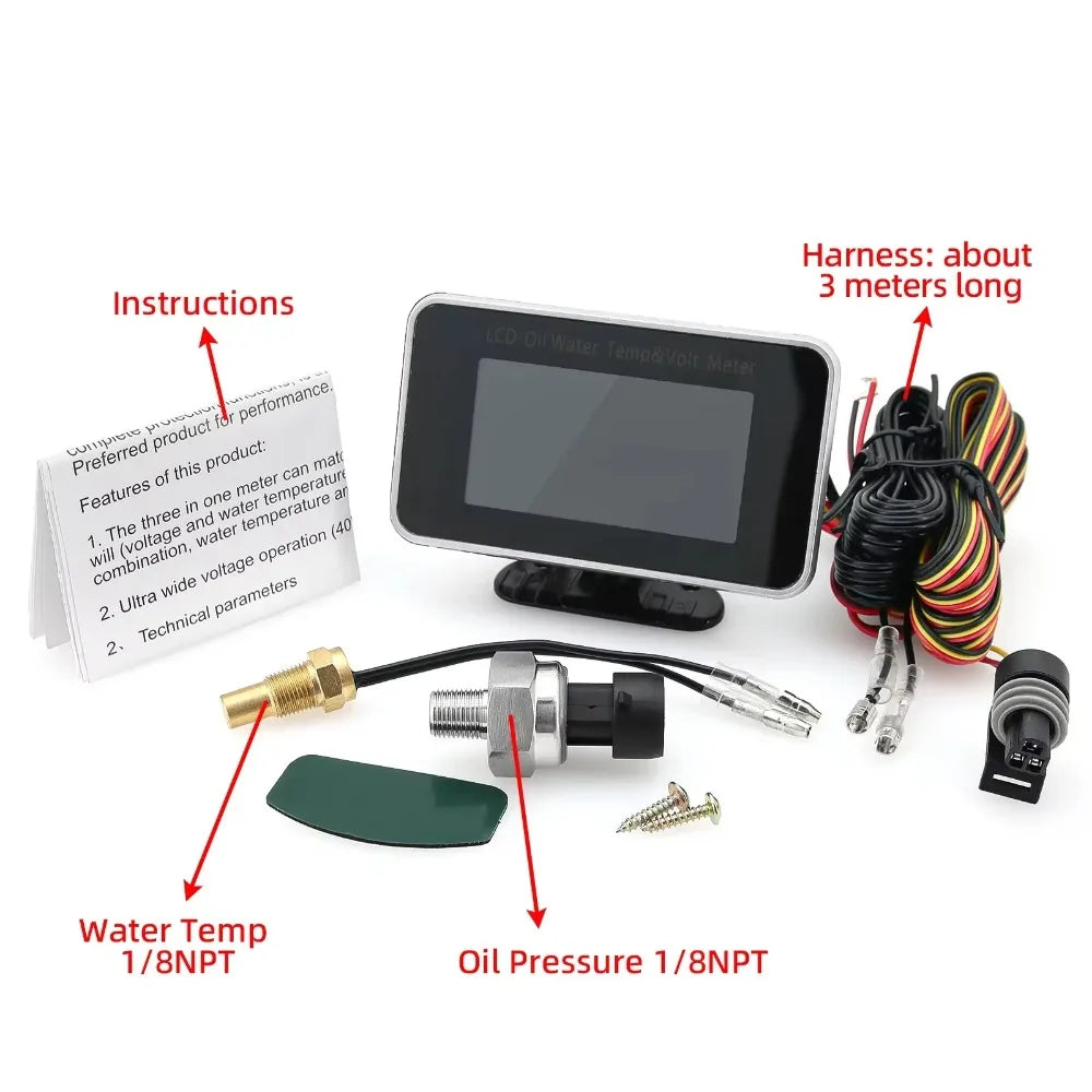 3-in-1 Digital LCD Gauge for Oil Pressure, Water Temp & Voltage | 9-36V