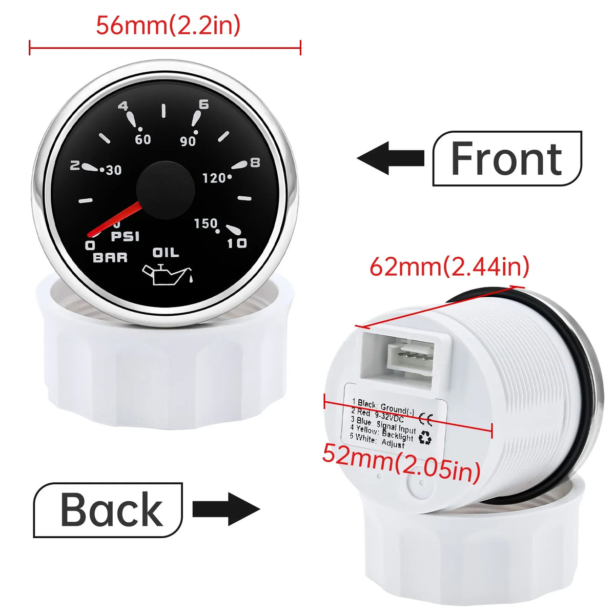 HD 2" 52mm Oil Pressure Gauge Meter 0-10Bar 0~150PSI | With 7 Colors LED Backlight and 1/8NPT Sensor for Boat Car Truck 9-32V MyPetiteCar.com