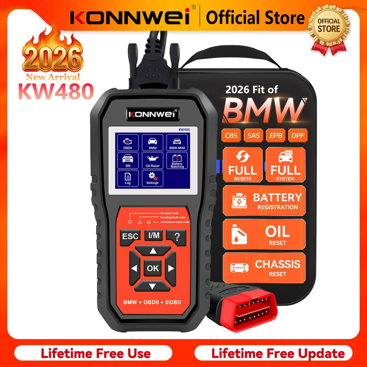 2026 KONNWEI KW480 Full System OBD2 Scanner | BMW Diagnostic Tool with Oil Reset, Airbag, ABS, DPF, SAS, TPMS, EPB Reset MyPetiteCar.com