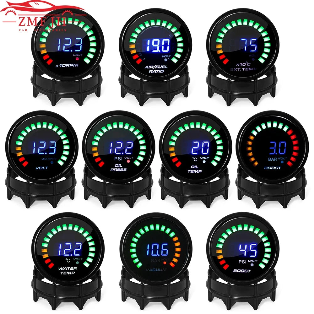 2" 52MM Digital LED Gauge Set | PSI Boost Vacuum Water Temp Oil Temp Oil Press Voltmeter Air/Fuel Ratio EGT RPM Tachometer MyPetiteCar.com