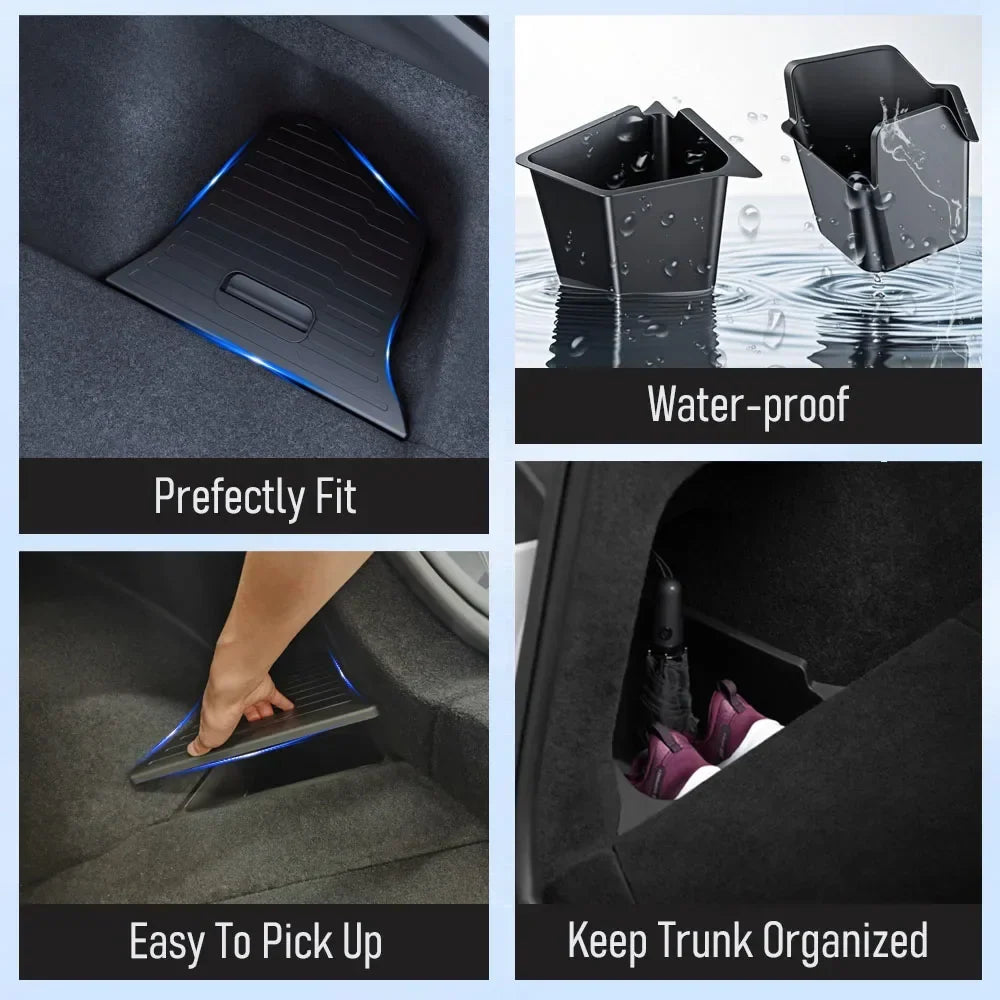 TESMAYX Car Trunk Side Storage Box for Tesla Model Y Juniper 2025 | Flocking TPE Mat Cover Organizer