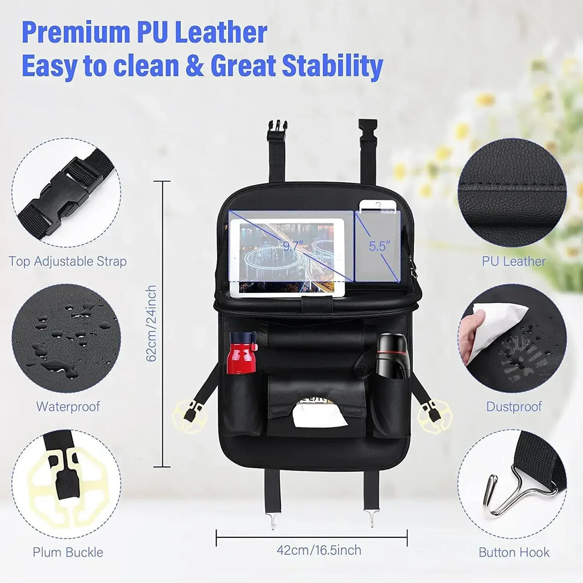 Car Seat Back Organizer PU Leather Foldable Table Tray with Storage Pockets And Kick Mats - Vehicle Interior Accessories MyPetiteCar.com