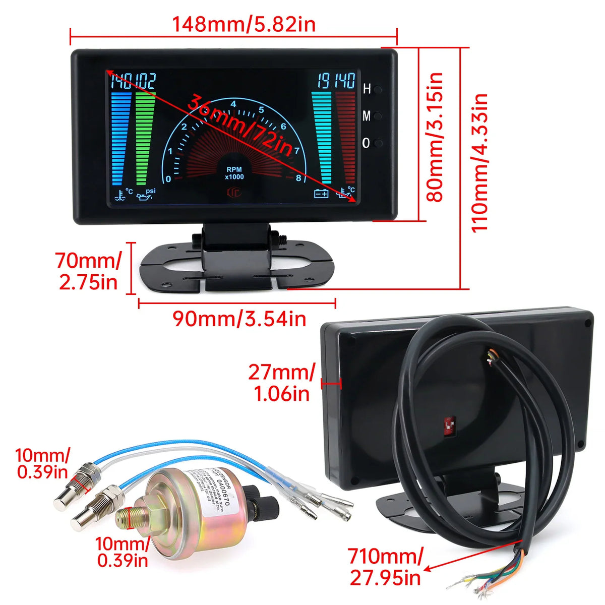 5 Inch LCD 6-in-1 Car Gauge: Tachometer, Voltmeter, Oil Pressure, Water Temp and Clock