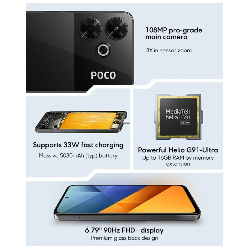 Global Version POCO M6 Smartphone Helio G91-Ultra Processor 5030mAh Large Battery 6.79" 90Hz FHD+ Display 108MP Camera Cellphone