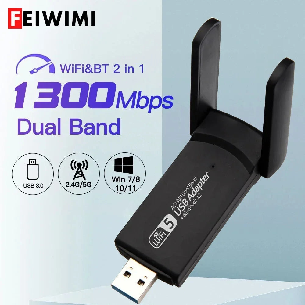USB 3.0 WiFi Adapter 1300Mbps For Bluetooth 4.2 Dual Band 2.4G/5GHz USB Network Card Wireless Receiver For Desktop Laptop