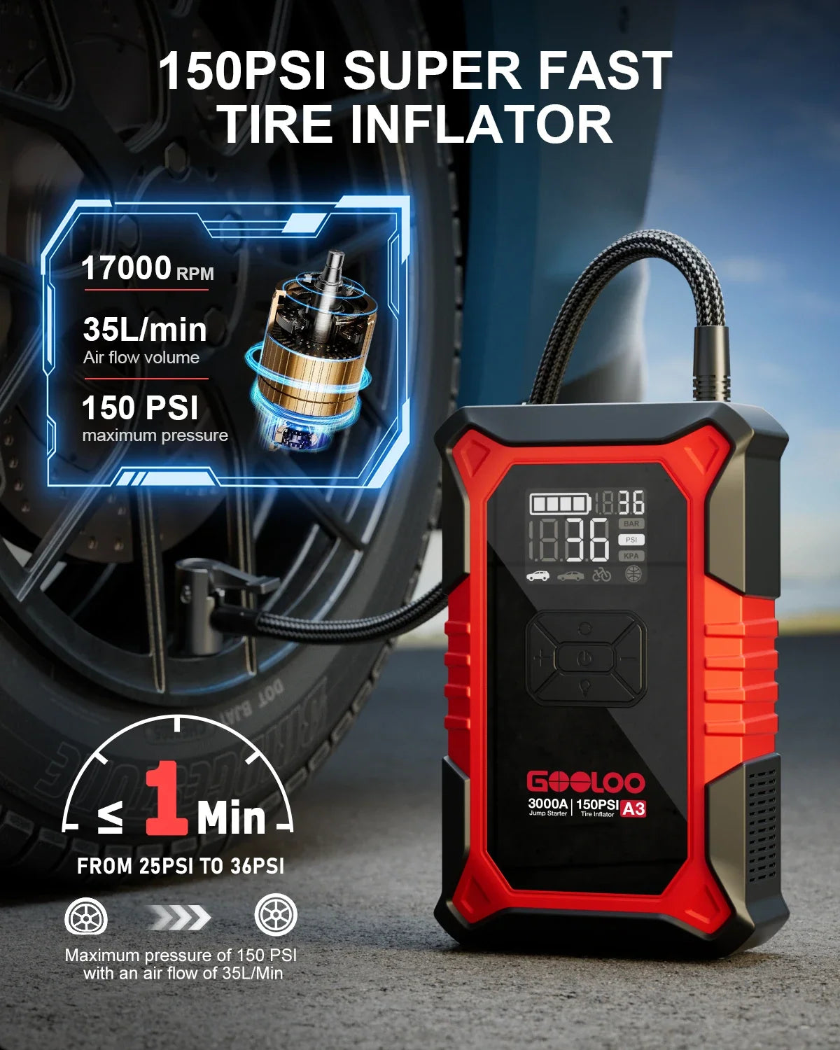 GOOLOO A3 Jump Starter with Air Compressor | 3000A Portable Car Battery Booster and Tire Inflator