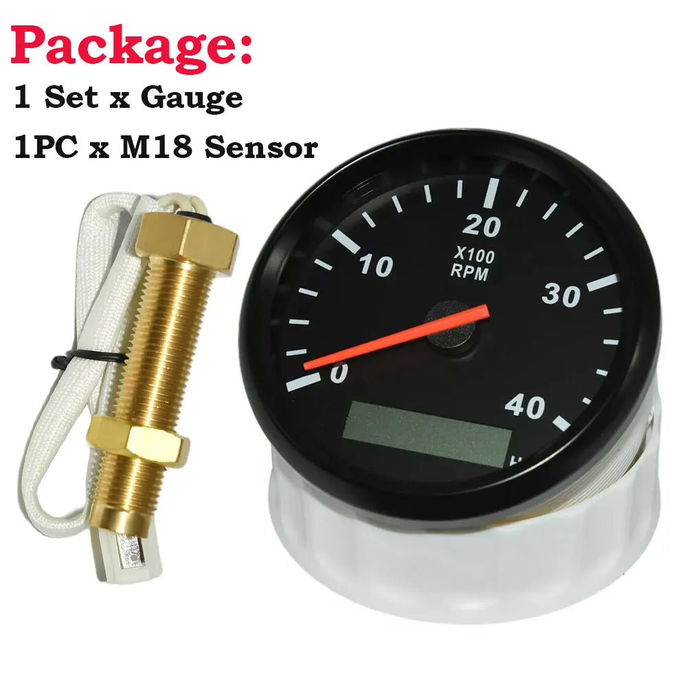 85mm Diesel Engine Tachometer 0-4000RPM | Digital LCD Hour Meter with M16/M18 RPM Sensor