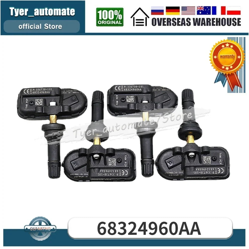 TPMS Sensor 434MHz for Jeep Cherokee RAM 1500 2500 3500 | 4 Pack 68324960AA 68324960AB