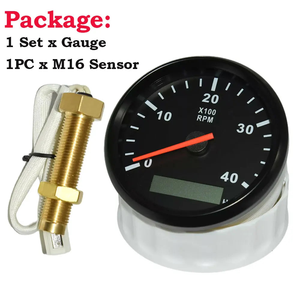 85mm Diesel Engine Tachometer 0-4000RPM | Digital LCD Hour Meter with M16/M18 RPM Sensor