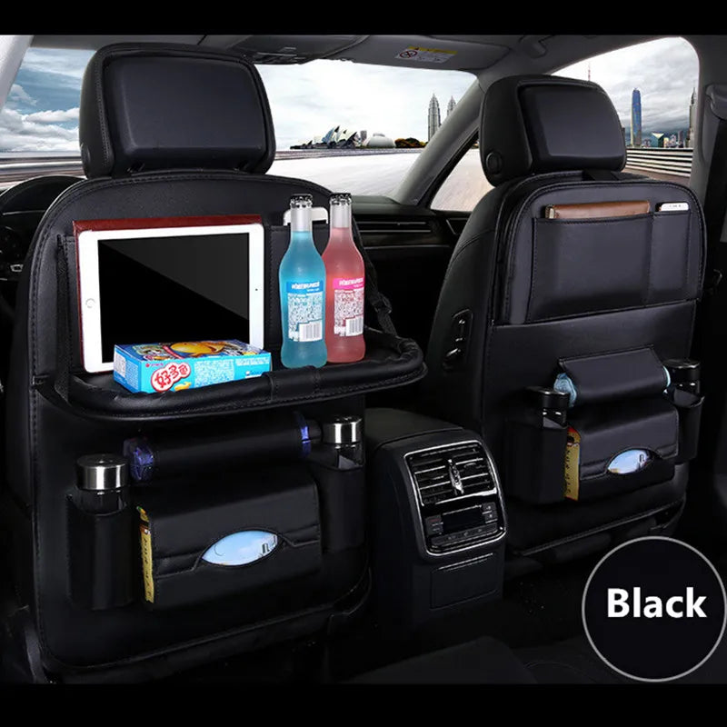 Car Seat Back Organizer PU Leather Foldable Table Tray with Storage Pockets And Kick Mats - Vehicle Interior Accessories MyPetiteCar.com