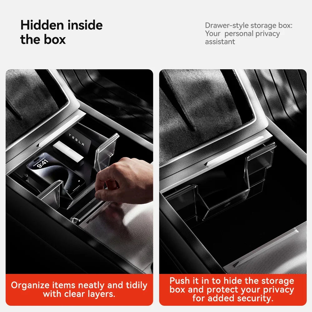 YZ For Tesla Model Y YL Juniper 3 Highland 2021-2026 Storage Box Hidden Armrest Front Center Console Organizer Box Car Accessory MyPetiteCar.com