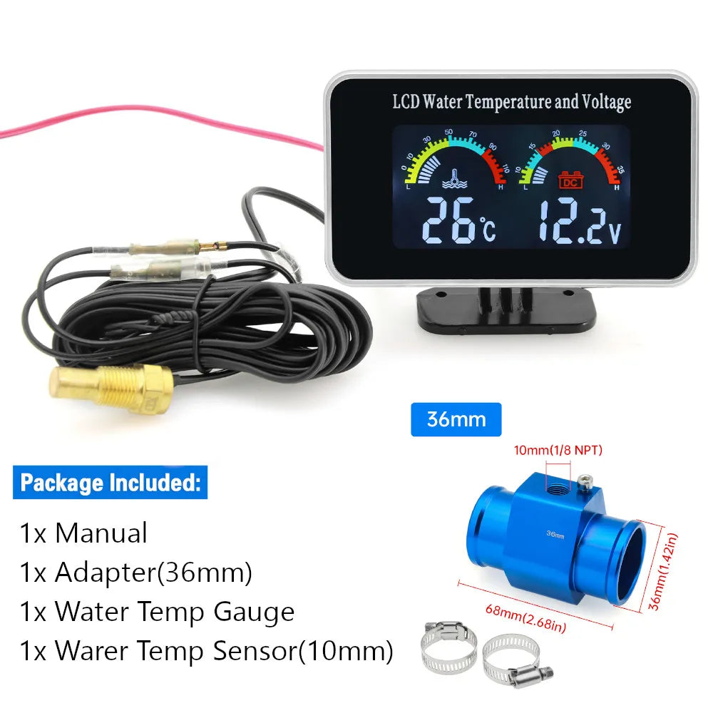HD Car LCD Water Temperature Meter Thermometer Voltmeter Gauge | 2in1 Temp & Voltage Meter for 12V/24V Vehicles MyPetiteCar.com