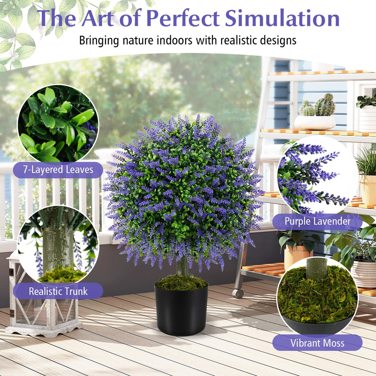 23 Inch Set of 2 Artificial Lavender Topiary Ball Trees with Cement-Filled Pot-Purple