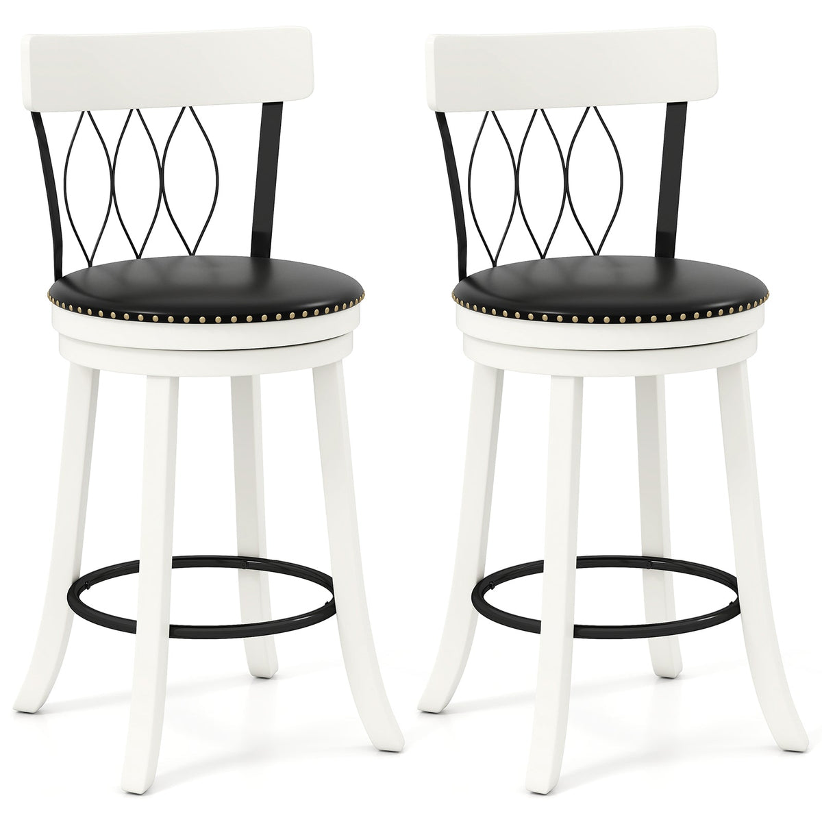 Set of 2 Bar Stools Swivel Bar Chairs with Footrest Rubber Wood Frame and Tufted Rivets