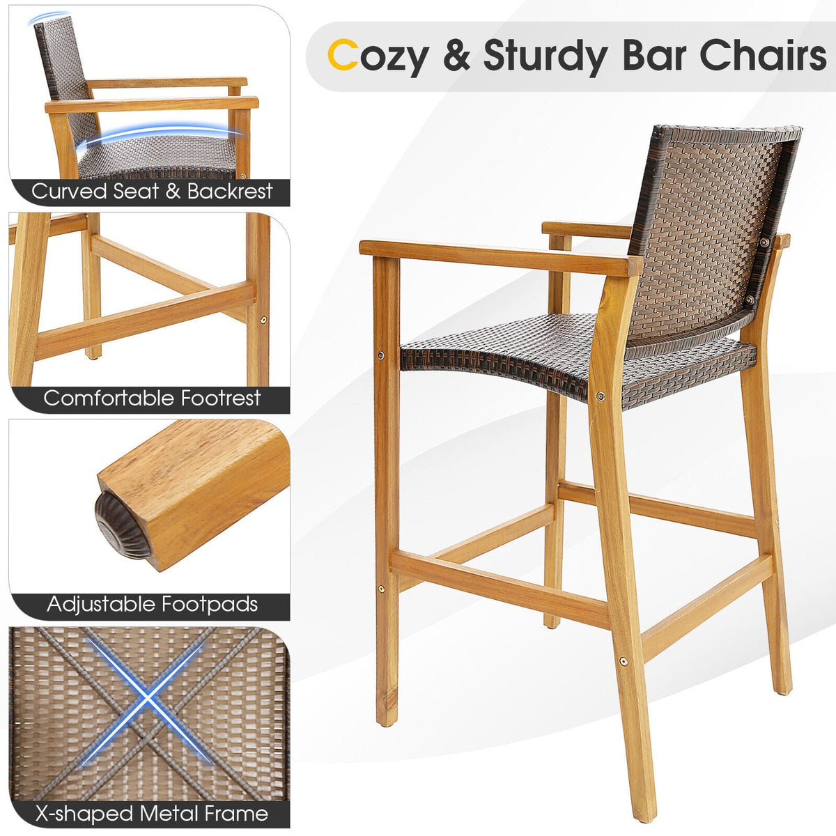 Set of 2 PE Wicker Patio Bar Chairs with Acacia Wood Armrests-Set of 2