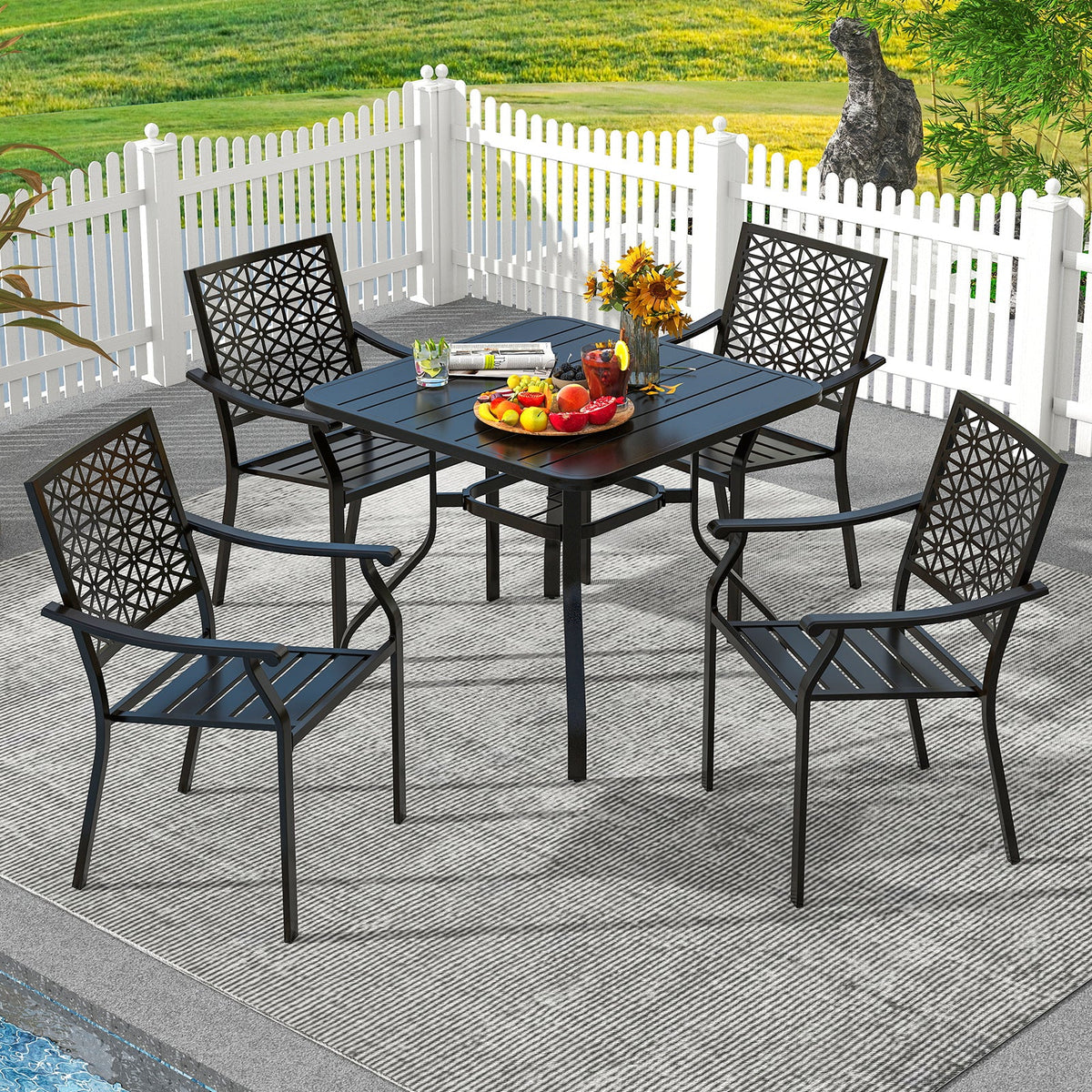 Set of 2 Patio Dining Chairs with Curved Armrests and Reinforced Steel Frame