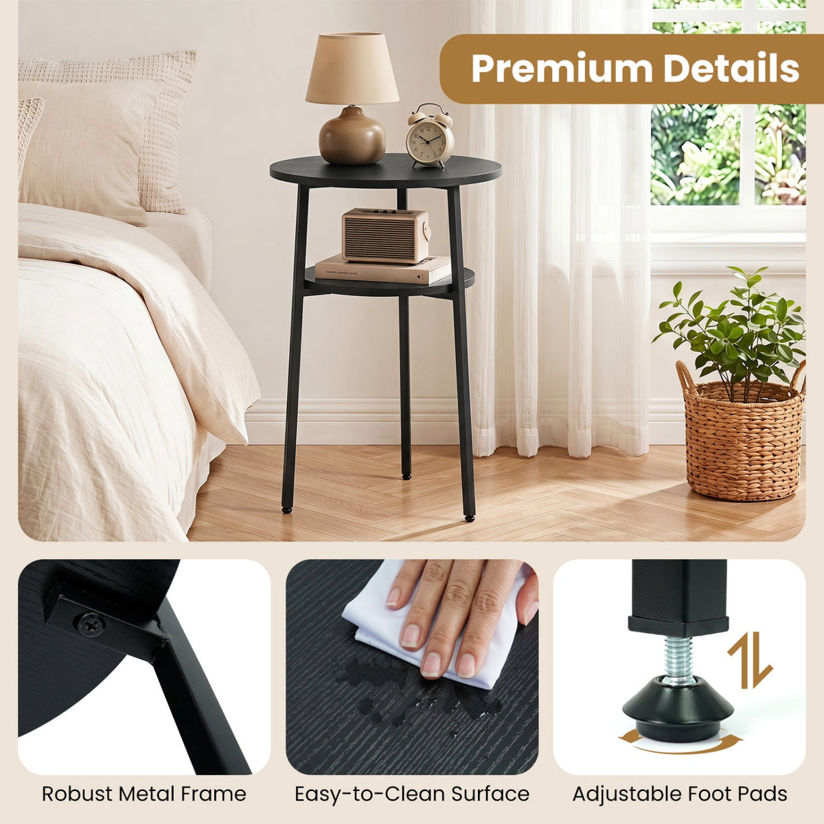 Round Side Table Set with Storage Shelf - Rustic Brown DirectDeals