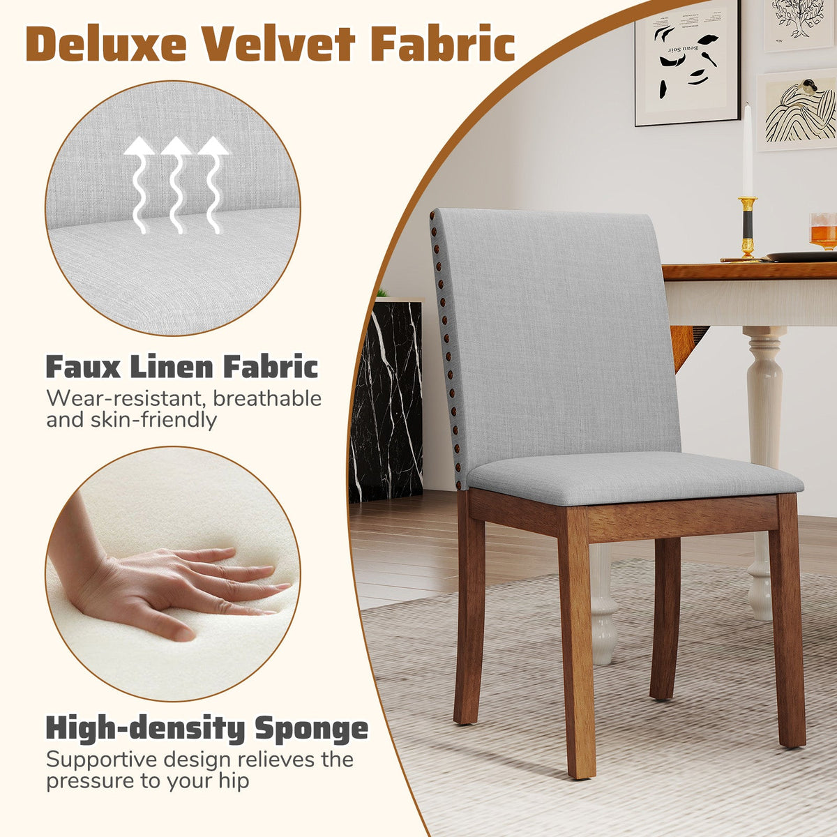 Set of 2 Upholstered Dining Chairs with Padded Seat for Living Room-Walnut