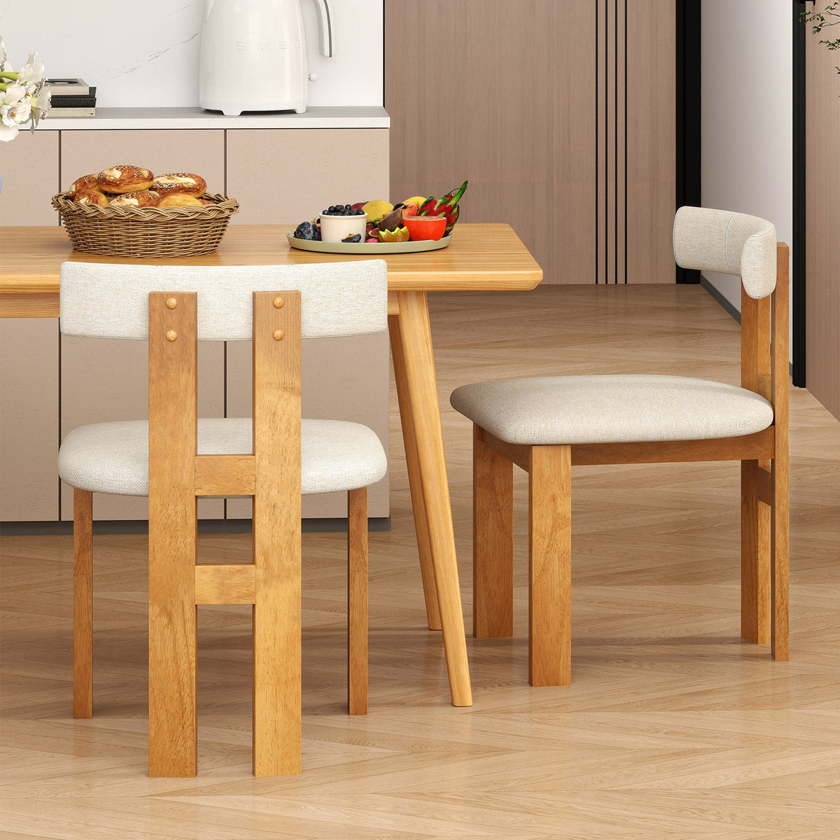 Dining Chair Set of 2 Upholstered Kitchen Chair with Padded Seat-Natural