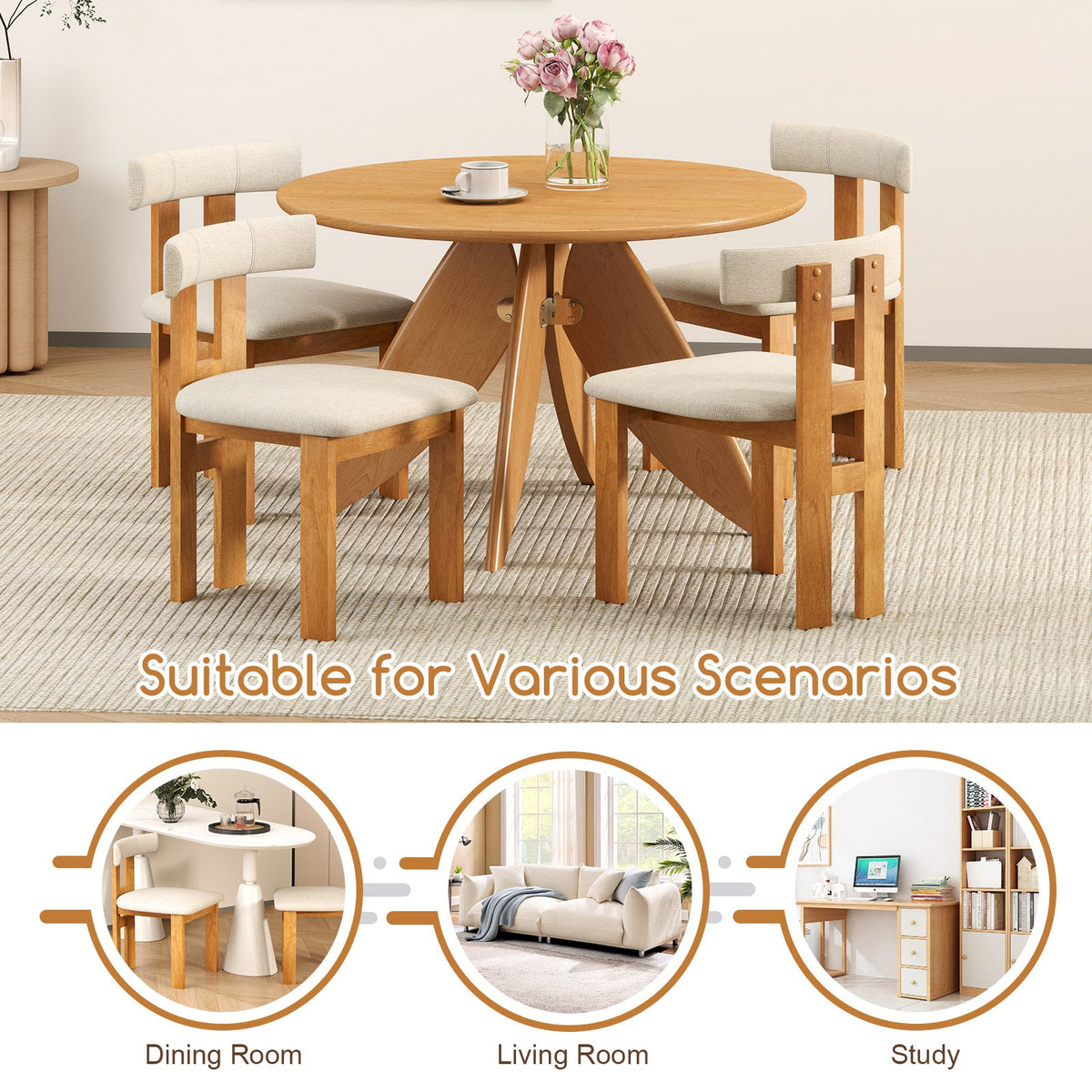 Dining Chair Set of 2 Upholstered Kitchen Chair with Padded Seat-Natural