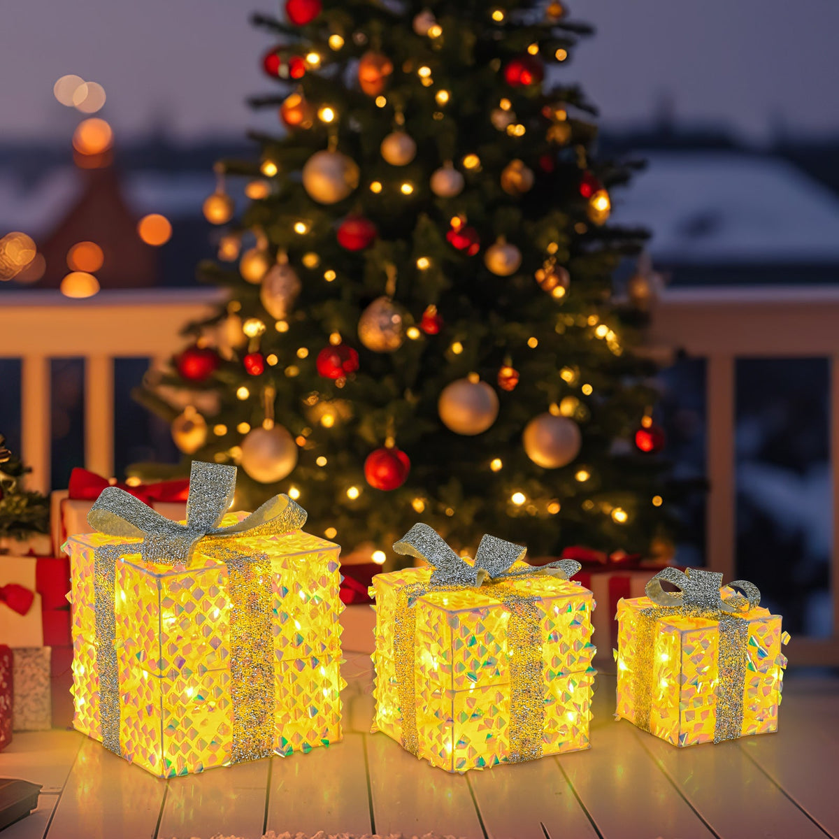Set of 3 Christmas Lighted Gift Boxes with Pre-lit 90 LED Light and Bows