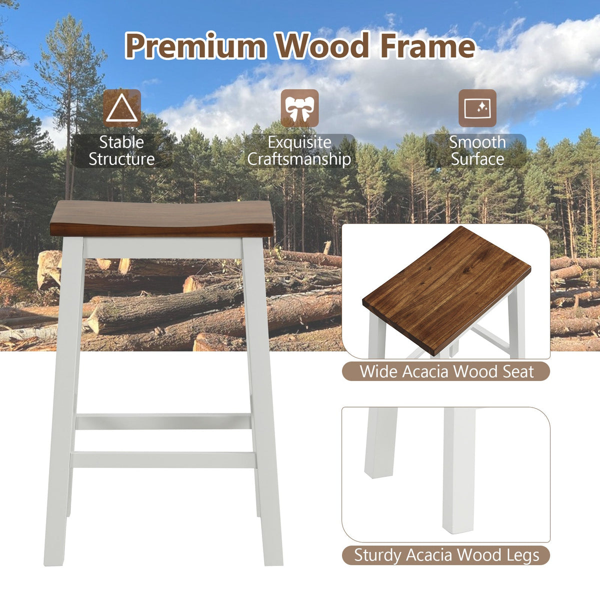 24.5-Inch Set of 2 Saddle Stools Bar Stools with Footrests for Kitchen Island-Walnut & Gray