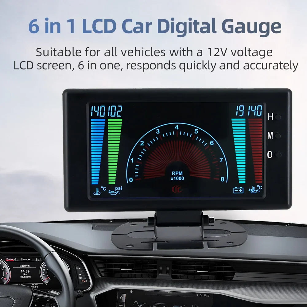 5 Inch LCD 6-in-1 Car Gauge: Tachometer, Voltmeter, Oil Pressure, Water Temp and Clock
