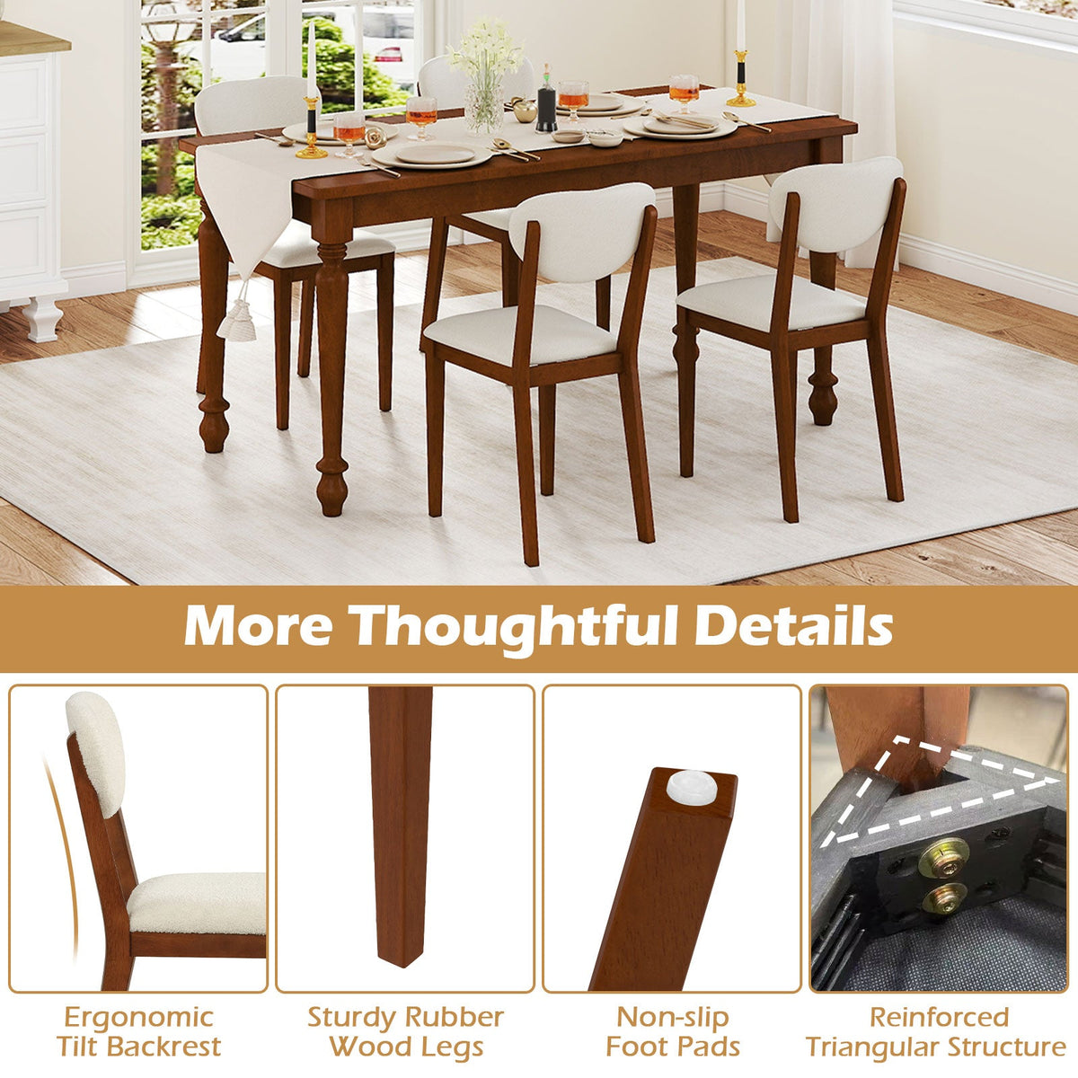 Sherpa Dining Chairs Set of 4 with Rubber Wood Legs for Dining Room-Walnut