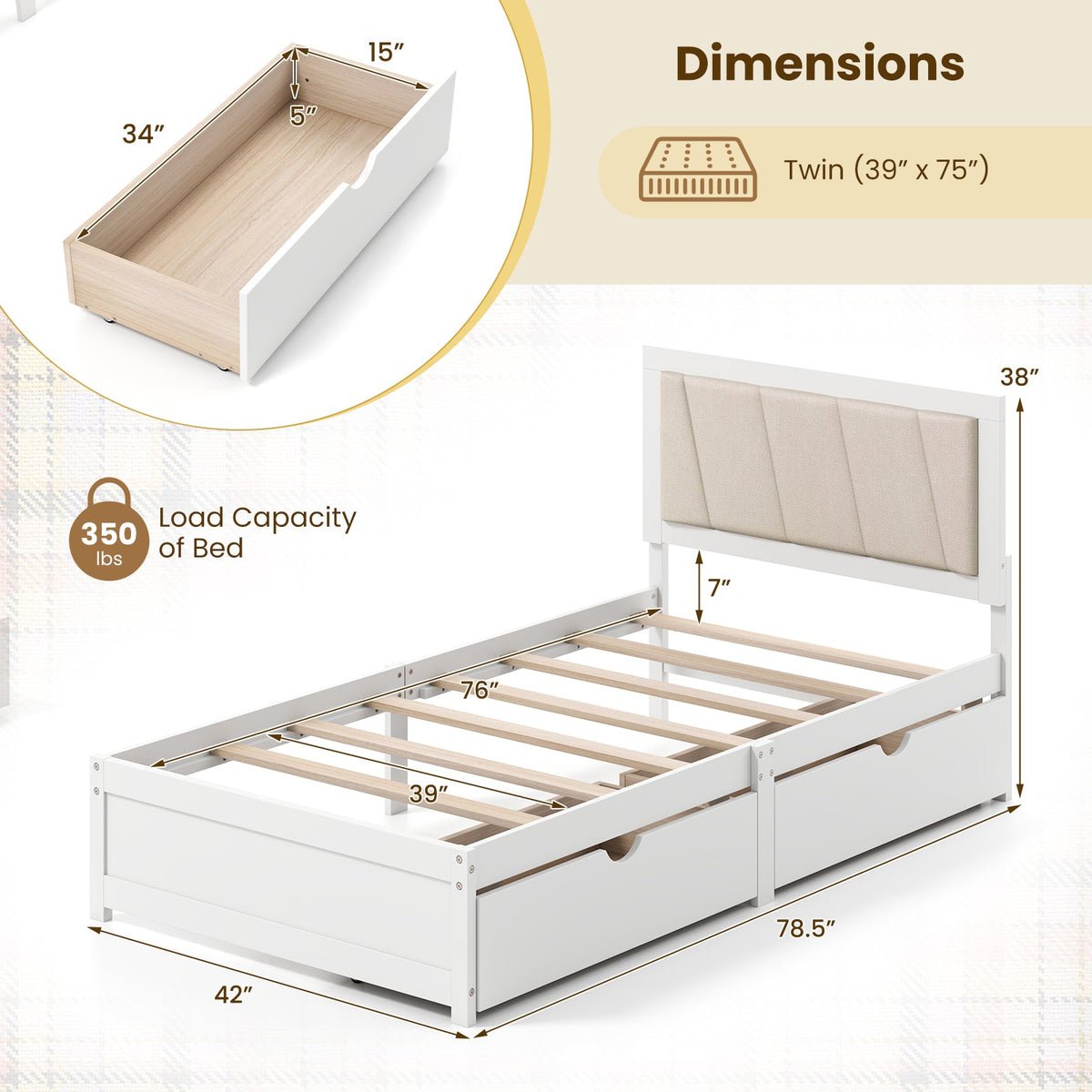 Solid Wood Structure Bed Frame with 2 Drawers Upholstered Headboard-Twin Size