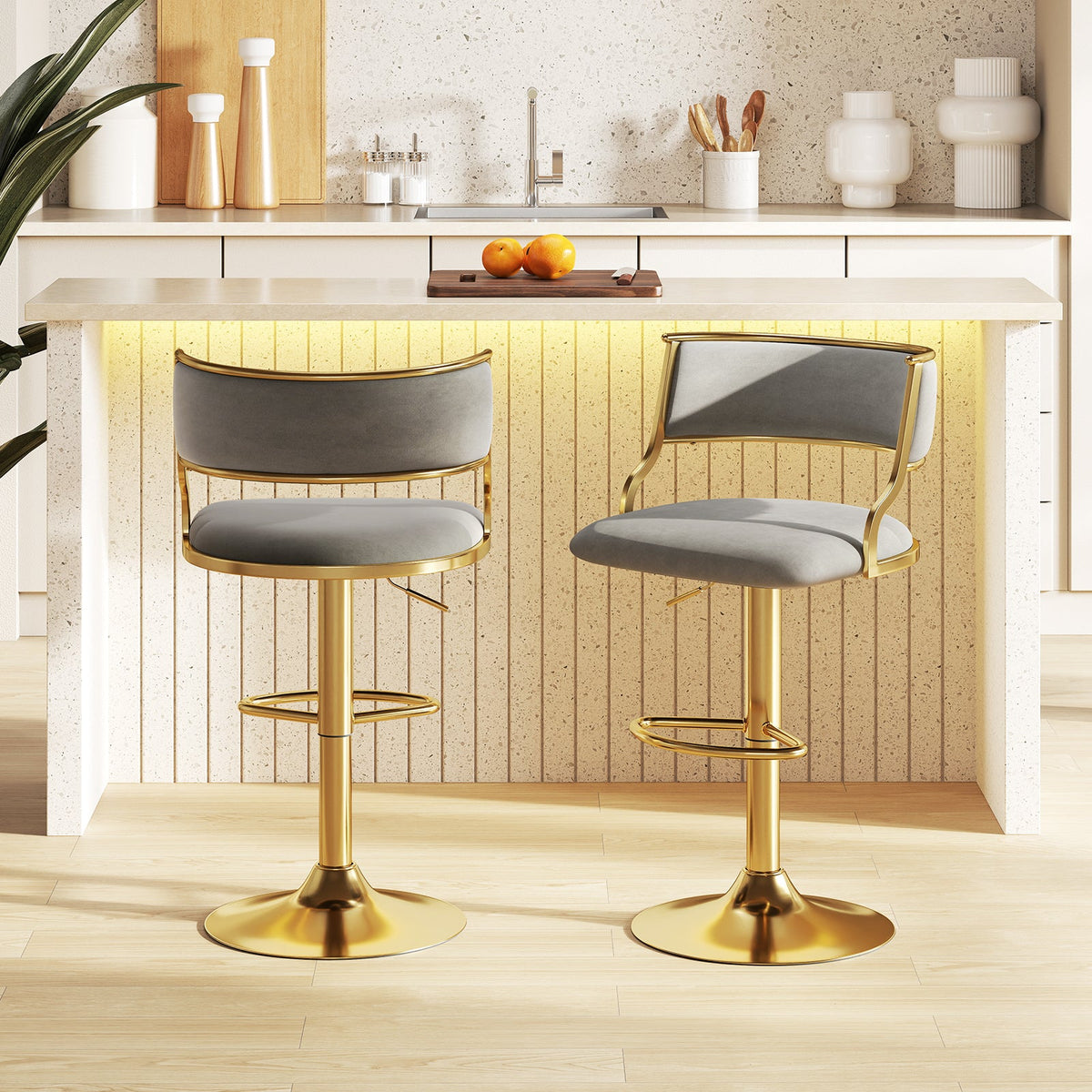 Swivel Bar Stool Set of 2 Dutch Velvet Height Adjustable Island Stools-Grey