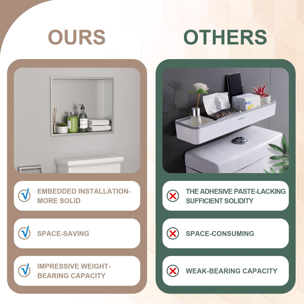 Brushed Stainless Steel Wall Shower Niche , Double Recessed Shower Shelf for Bathroom