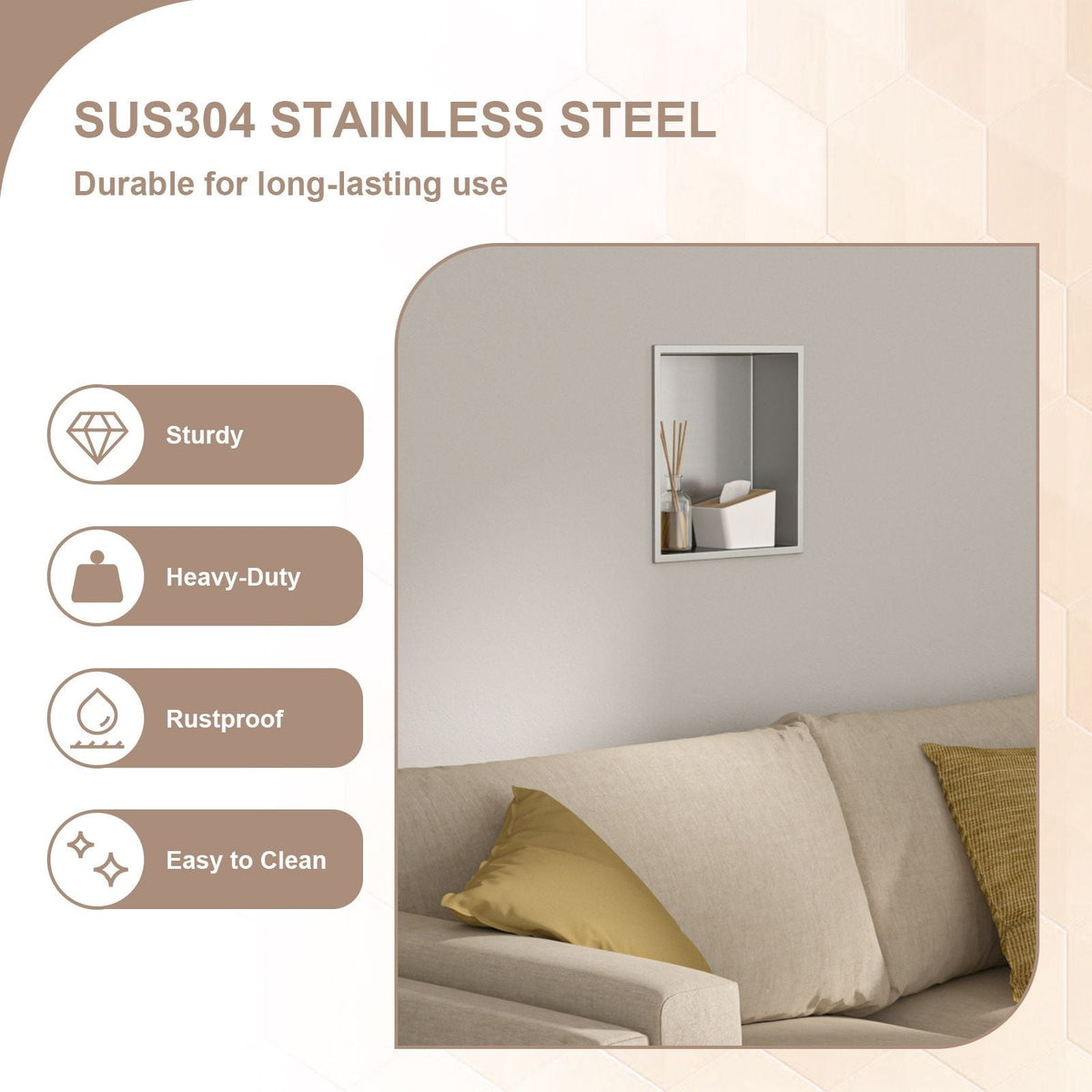 Brushed Stainless Steel Wall Shower Niche , Double Recessed Shower Shelf for Bathroom