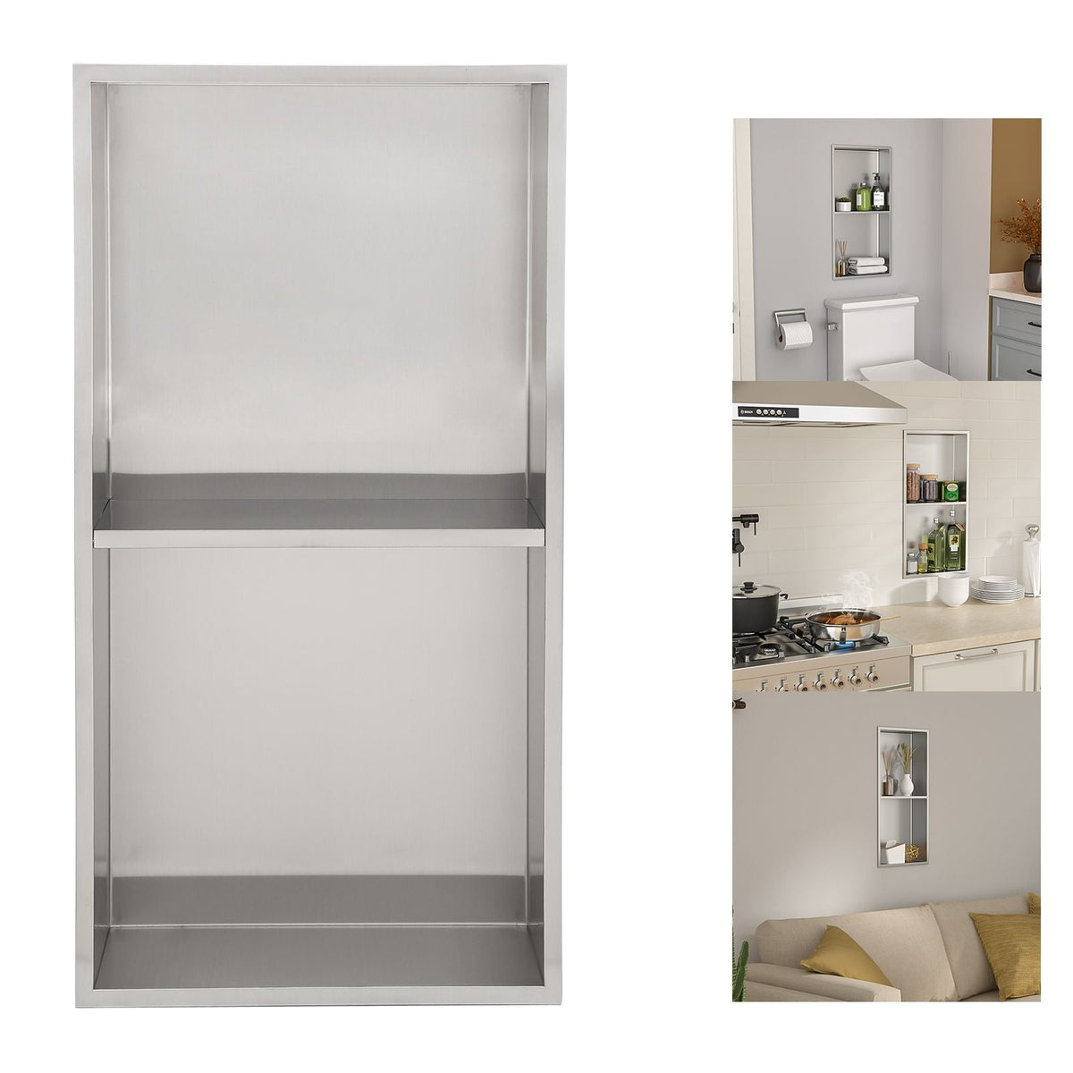 Brushed Stainless Steel Wall Shower Niche , Double Recessed Shower Shelf for Bathroom
