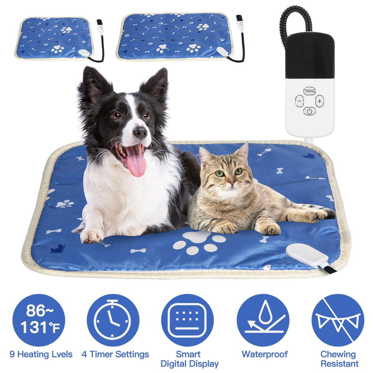 Pet Heating Pad Electric Dog Cat Heating Mat Waterproof Warming Blanket with 9 Heating Levels 4 Timer Setting Constan On Function Chewing-resistant S/
