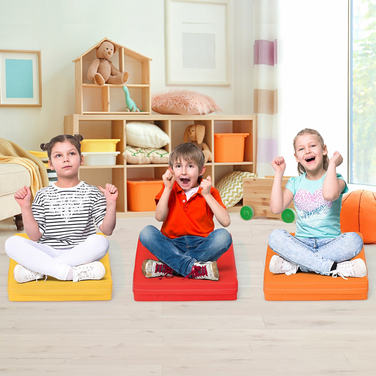 6 Pieces 15 Inches Square Toddler Floor Cushions Flexible Soft Foam Seating with Handles