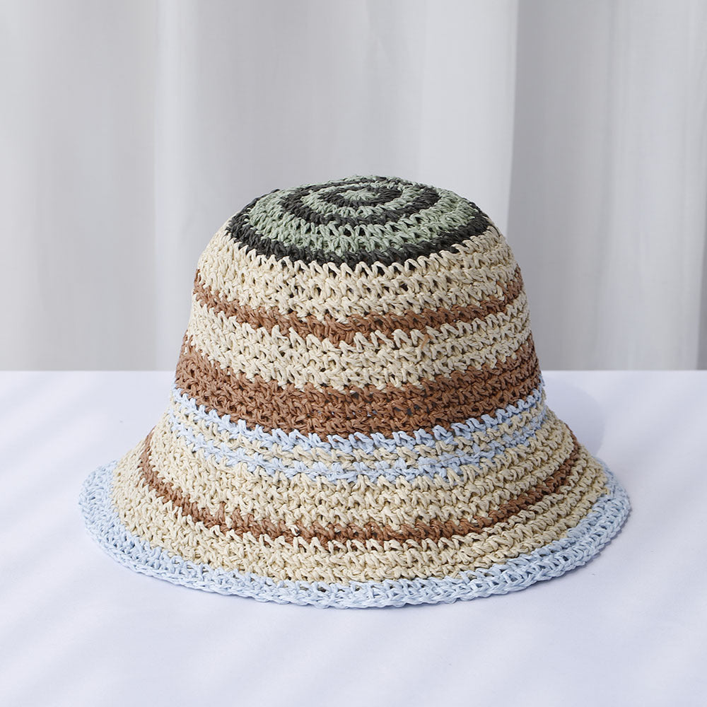 Striped Handmade Crocheted Rainbow Straw Hat For Women Foldable Sun-proof