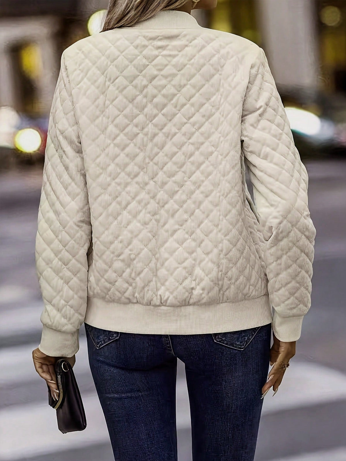 Women Woven Quilted Bomber Jacket Zip Up Stand Collar Lightweight Outerwear My Store