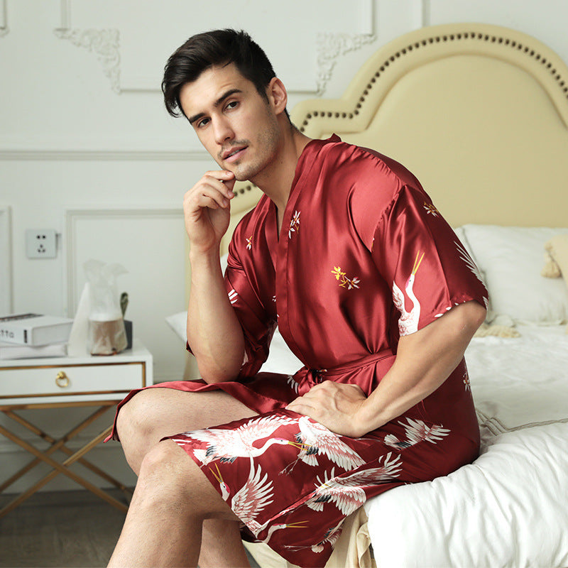 Printed Silk Nightgown Men's Groom Morning Gown Pajamas