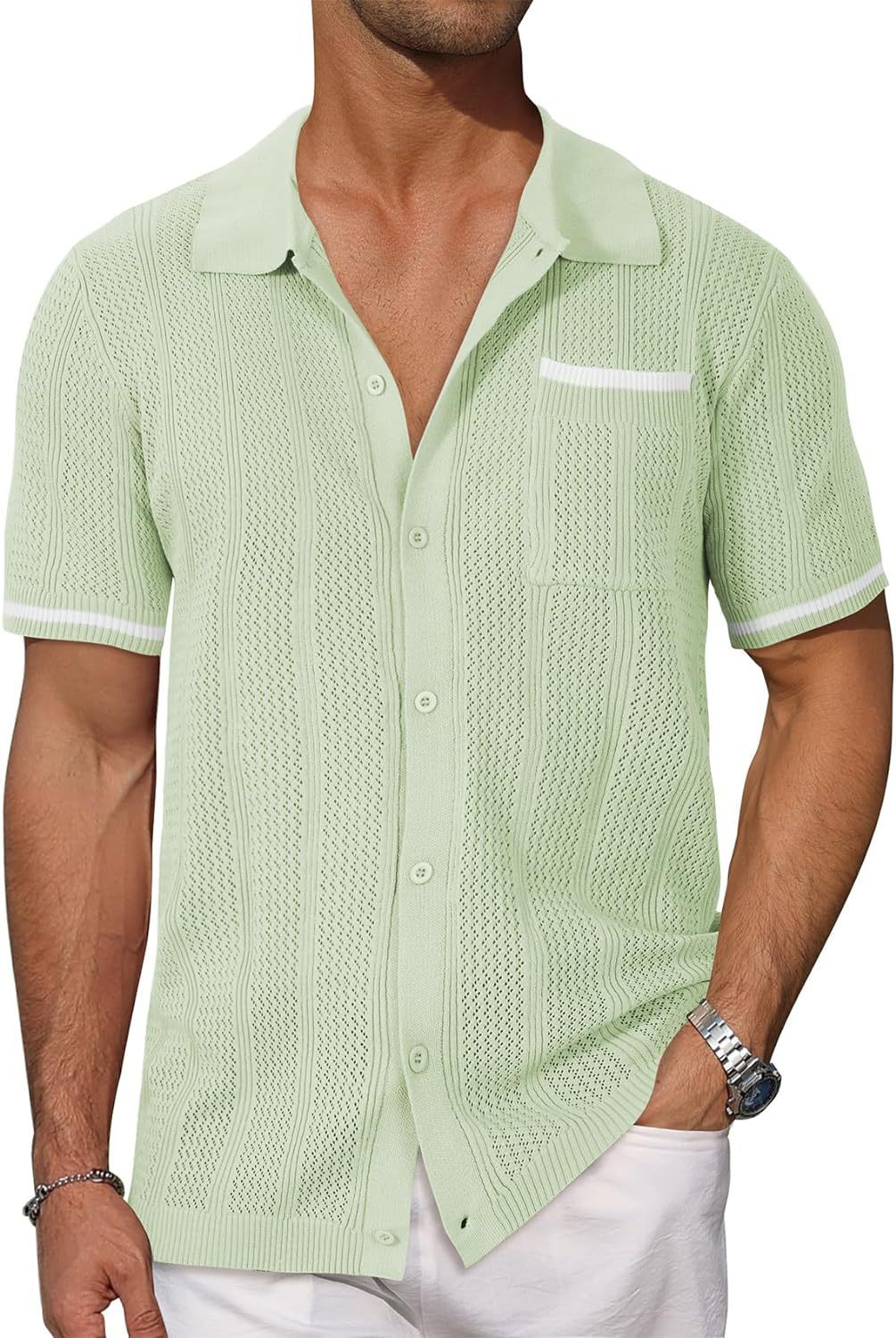Men's Short Sleeve Pocket Hollow Summer Cardigan