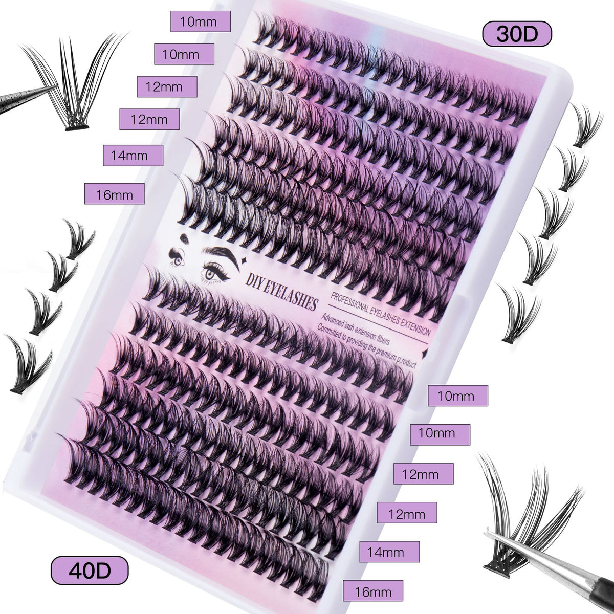 12 Rows Of 30D Plus 40D Clusters Of 240 Segmented Lashes Set