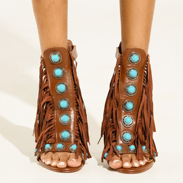 Women's Zipper Round Toe Hollow Tassel Sandals