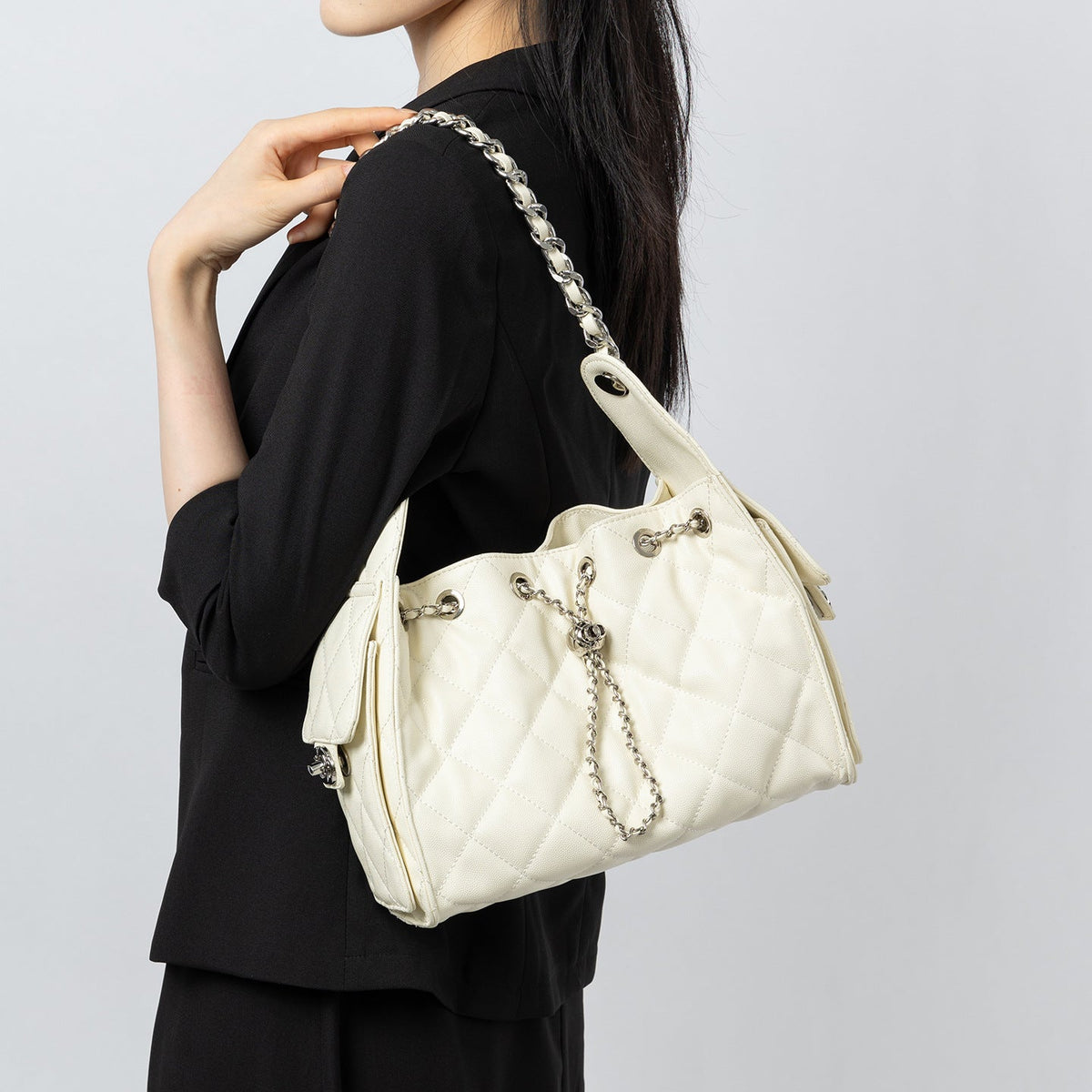 Caviar-patterned Genuine Leather Hobo Shoulder Bag With A Diamond-quilted Design