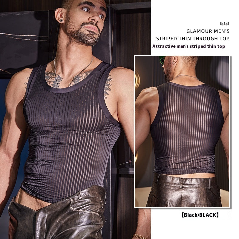 New Men's Cross-strap Striped Thin Transparent Elastic Vest
